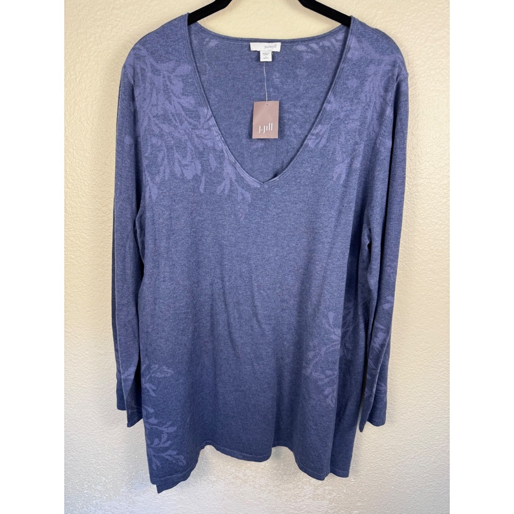 J Jill Pure Jill V Neck Sweater Women L Floral Cotton Silk Knit Quiet Luxury